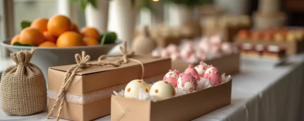 Buffet de mariage élégant avec des emballages alimentaires créatifs et personnalisés