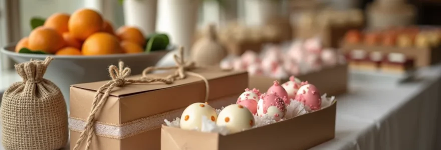 Buffet de mariage élégant avec des emballages alimentaires créatifs et personnalisés