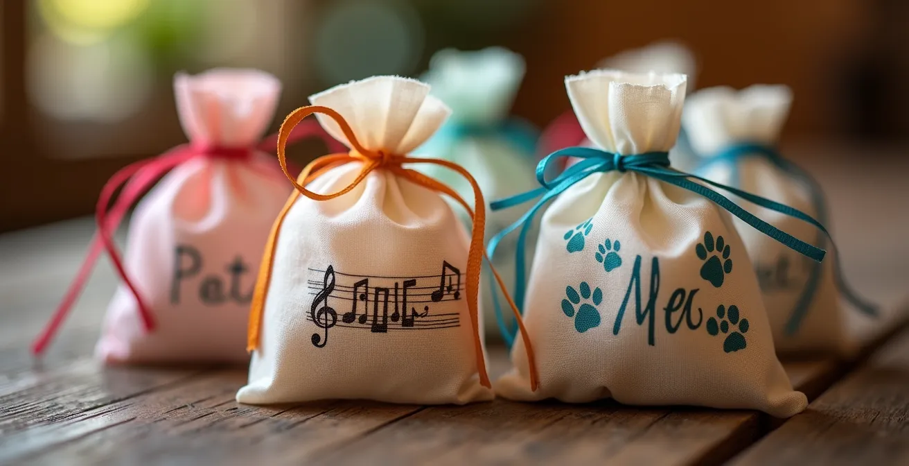 Sachets de cadeaux d'invités de mariage illustrés avec des symboles personnels et dessins