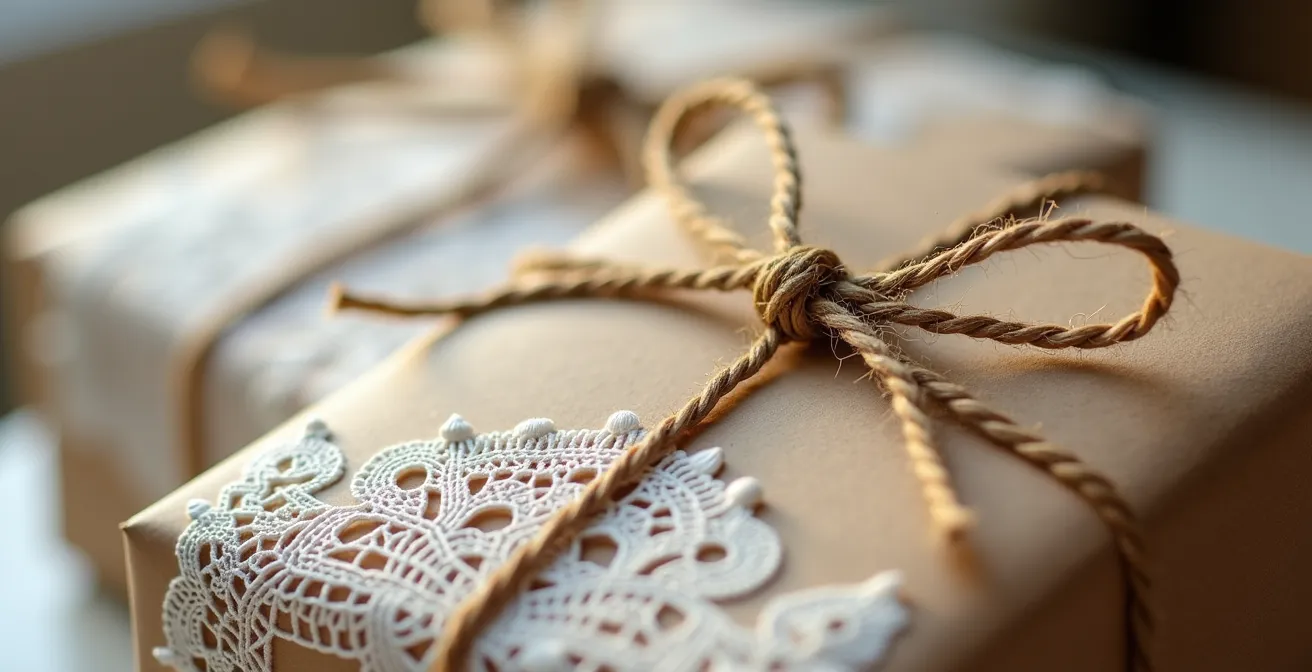 Détail d'emballages mariage combinant kraft et dentelle avec un style rustique chic
