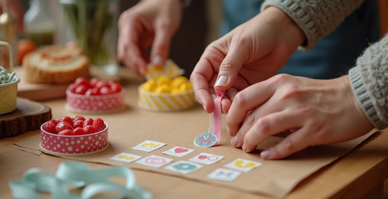Station d'emballage interactive au candy bar avec décorations et accessoires pour personnaliser les sachets