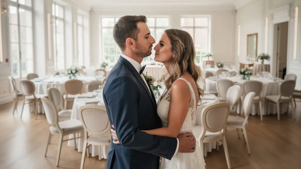 Couple trentenaire admirant leur salle de réception décorée avec mobilier professionnel assorti