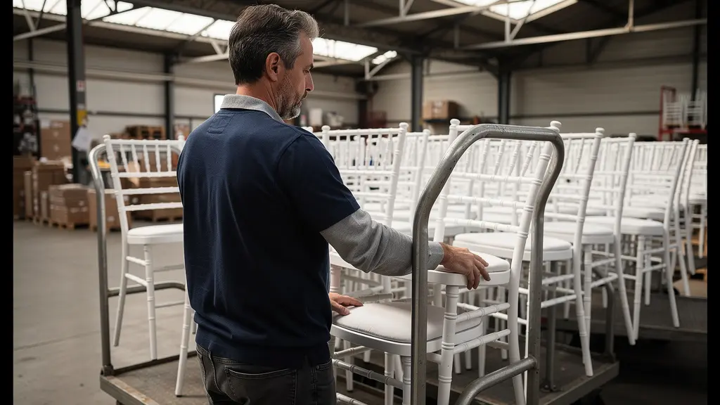 Professionnel événementiel vérifiant des chaises Napoléon empilées sur chariot de transport