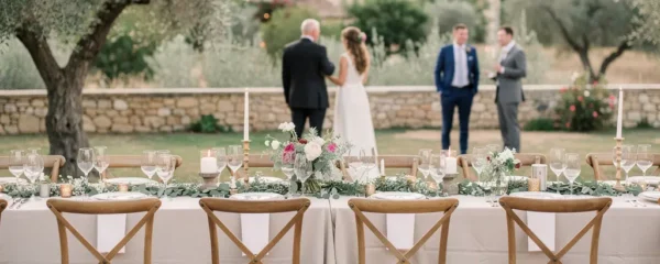 Réception de mariage champêtre avec rangées de chaises Cross Back en bois et table décorée dans un domaine provençal