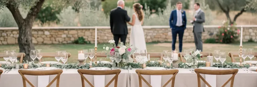 Réception de mariage champêtre avec rangées de chaises Cross Back en bois et table décorée dans un domaine provençal